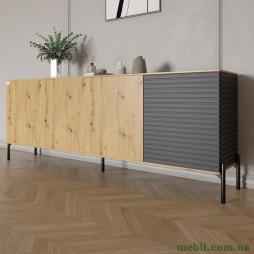 Комод у вітальню на чорних металевих ніжках LION Грей 204x38x76,5 Дуб Артизан/Асфальт