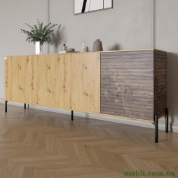 Комод у вітальню на чорних металевих ніжках LION Грей 204x38x76,5 Дуб Артизан/Дерево