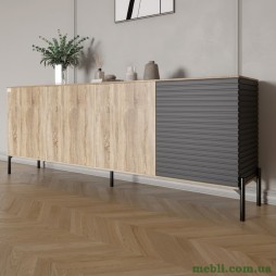 Комод у вітальню на чорних металевих ніжках LION Грей 204x38x76,5 Дуб сонома/Асфальт