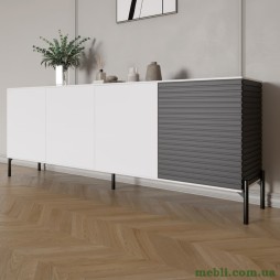 Комод у вітальню на чорних металевих ніжках LION Грей 204x38x76,5 Німфея Альба (білий)/Асфальт