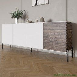 Комод у вітальню на чорних металевих ніжках LION Грей 204x38x76,5 Німфея Альба (білий)/Дерево