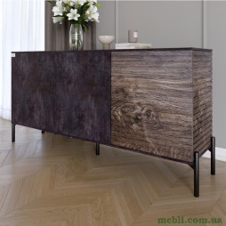 Комод закритий у вітальню на чорних металевих ніжках LION Грей 154x38x76,5 Бетон темний/Дерево