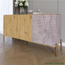 Комод закритий у вітальню на золотих металевих ніжках LION Грей 154x38x76,5 Дуб Артизан/Камінь