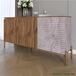 Комод закритий у вітальню на золотих металевих ніжках LION Грей 154x38x76,5 Дуб Ліворно/Камінь