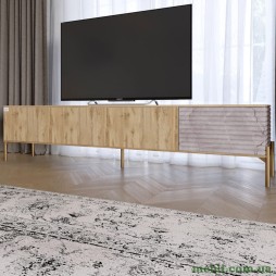 Тумба під телевізор на золотих металевих ніжках LION Грей Дуб Аппалачі/Камінь