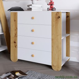 Комод для дитячої кімнати LION Інді з 4 шухлядами та бічними нішами Німфея Альба (білий)/Дуб Артизан