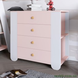Комод для дитячої кімнати LION Інді з 4 шухлядами та бічними нішами Рожевий/Німфея Альба (білий)