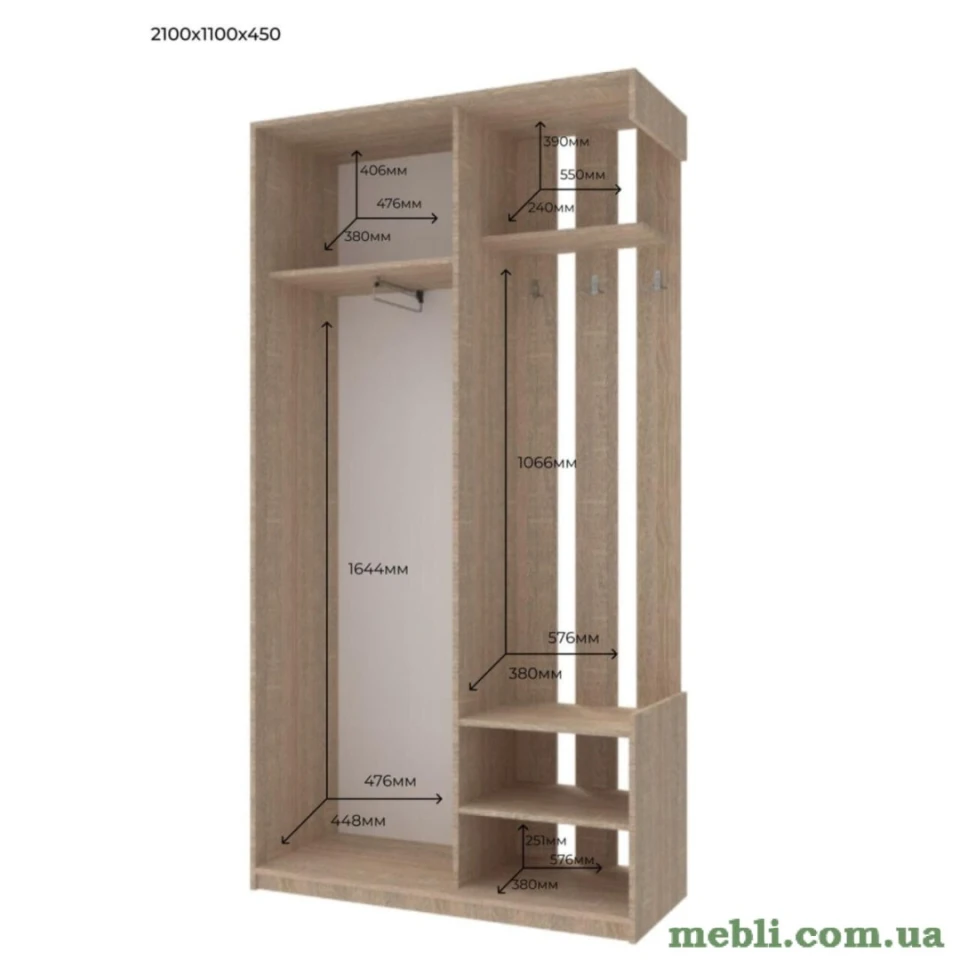 Передпокій з дзеркалом Doros CiТy One Door 110х45х210 Дуб cонома