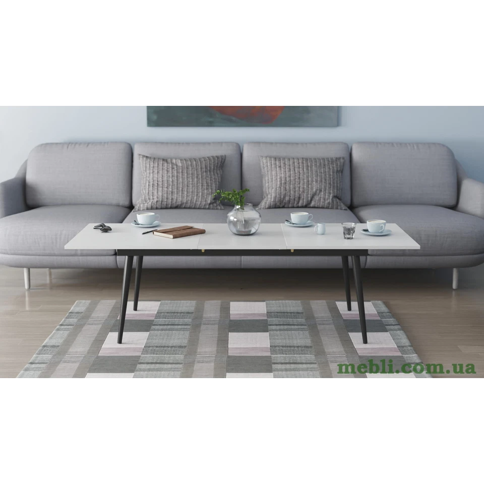 Стіл журнальний трансформер Dandi Small Ferrum-decor 45x120(160)x60 Чорний метал ДСП Білий