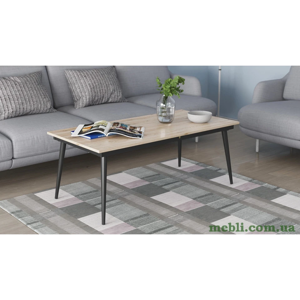 Стіл журнальний трансформер Dandi Small Ferrum-decor 45x120(160)x60 Чорний метал ДСП Дуб Сан-Марино