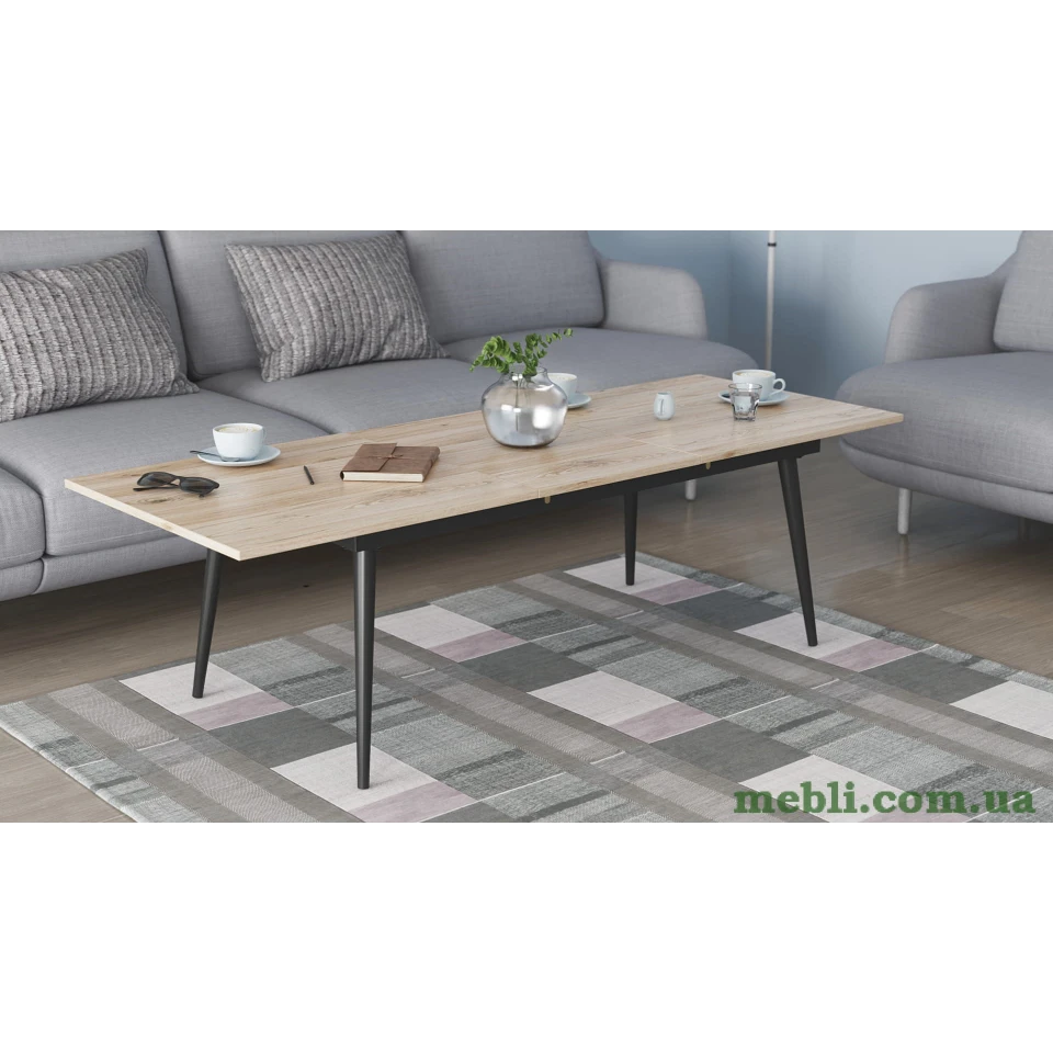 Стіл журнальний трансформер Dandi Small Ferrum-decor 45x120(160)x60 Чорний метал ДСП Дуб Сан-Марино