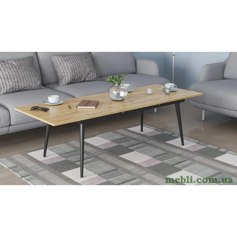 Стіл журнальний трансформер Dandi Small Ferrum-decor 45x120(160)x70 Чорний метал ДСП Дуб Артизан