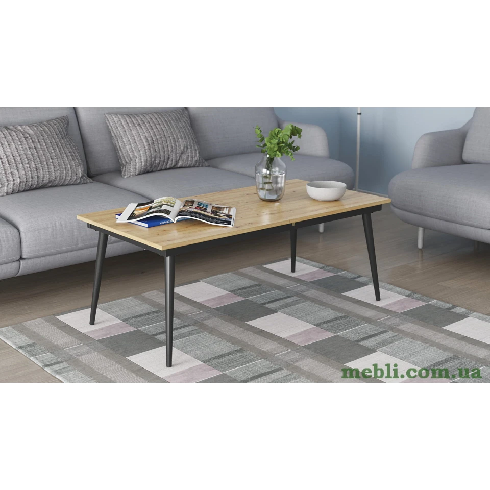 Стіл журнальний трансформер Dandi Small Ferrum-decor 45x120(160)x70 Чорний метал ДСП Дуб Артизан