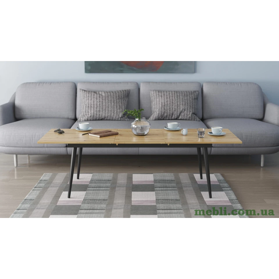 Стіл журнальний трансформер Dandi Small Ferrum-decor 45x120(160)x70 Чорний метал ДСП Дуб Артизан